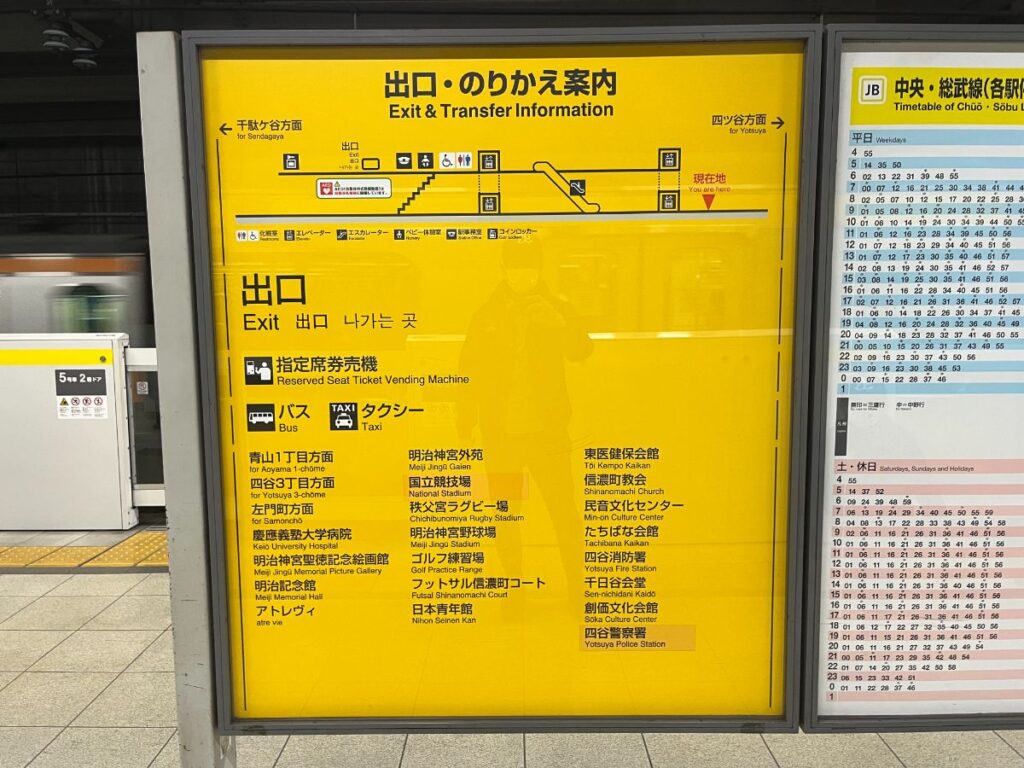 JR信濃町駅ホームの出口・乗り換え案内
